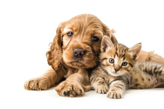 english cocker spaniel puppy dog hugs kitten isolated white background 1182900 23387