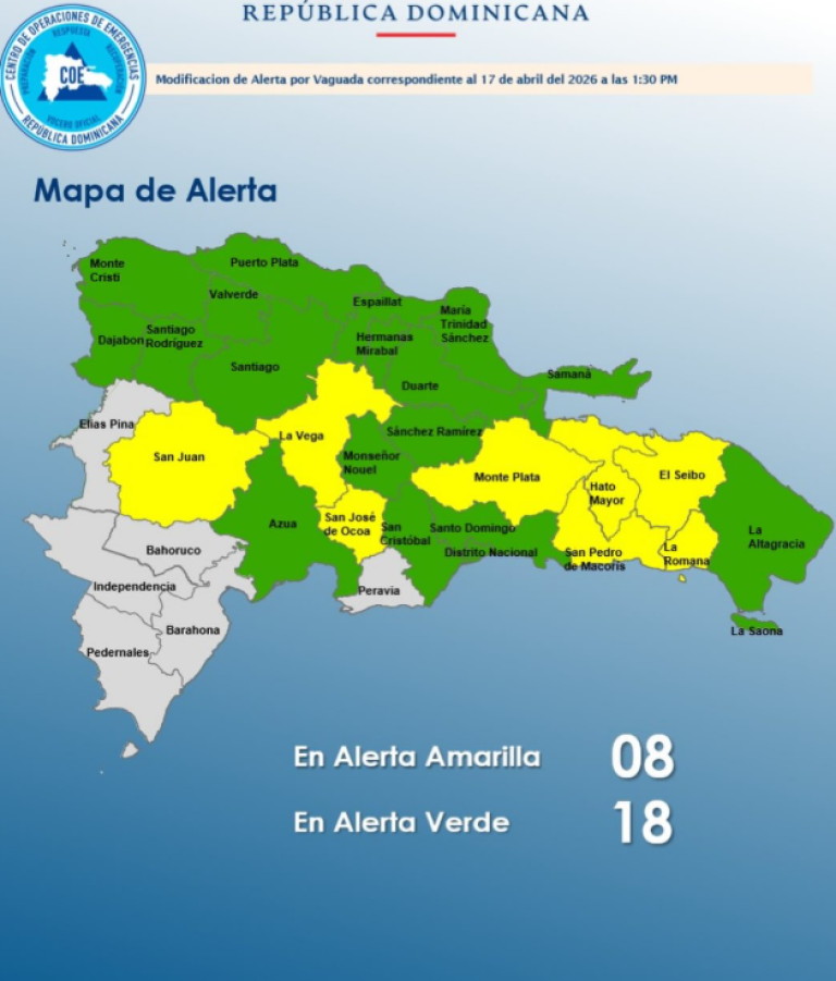 COE Mantiene 8 Provincias en Alerta Amarilla y 17 en Verde por Lluvias y Tormentas Eléctricas