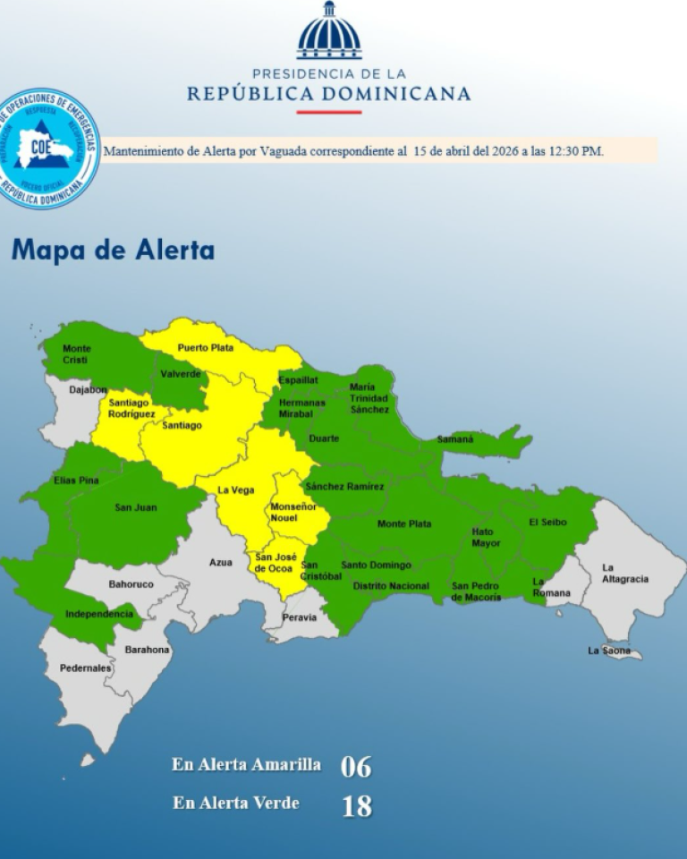 El COE Mantiene Alerta Amarilla en 6 Provincias y Alerta Verde en 17 Más, Incluyendo el Distrito Nacional