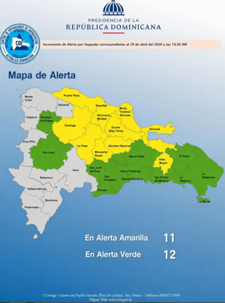 COE Emite Alertas en 11 Provincias por Tormentas y Aguaceros Fuertes
